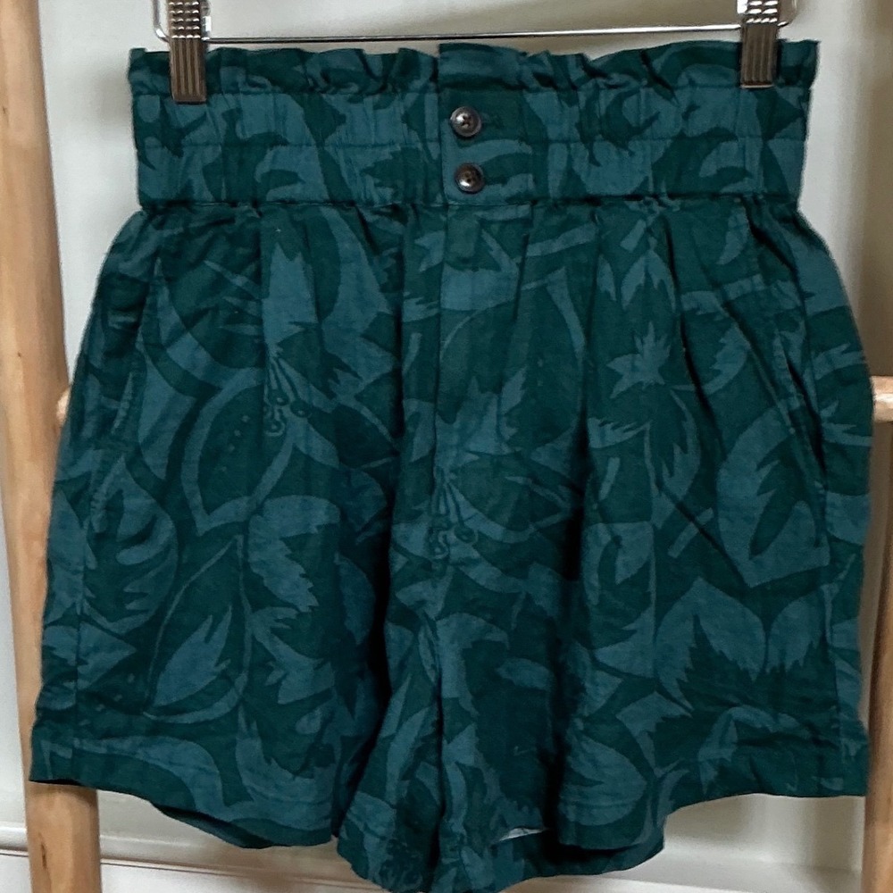 Madewell Women Teal Tropical Leaf Linen Blend Paperbag Waist Shorts‎ XS NF060